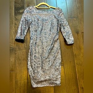 Aqua. Silver sequin dress.